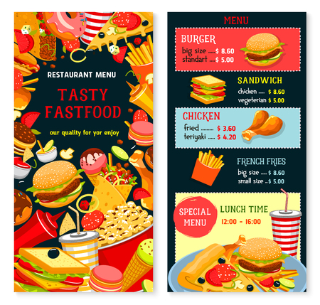Fast food vector menu with lunch time combo offer. Fastfood snacks, drinks and meals of hamburgers french fries with cheeseburger or hot dog and pizza, soda drink and coffee or ice cream dessertのイラスト素材