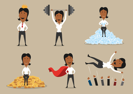Success and victory achievements vector concept. Super mighty leader woman or winner business character in golden crown, holding barbell, sitting on gold and diamonds and cheered on handsのイラスト素材