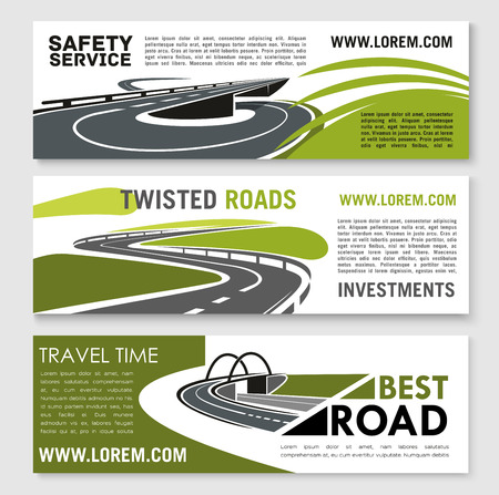 Road safety building or travel time vector banners set for construction or tourist company or investment corporation. Design of highway bridges, tunnels and transport drive lanesのイラスト素材