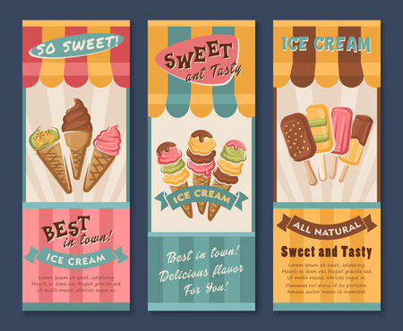 Ice cream vector banners for dessert cafe or gelateria. Design of tasty fruit ice, mint and strawberry soft ice in scoops, frozen juice and sundae in wafer cone or coffee sorbet with chocolate waffleのイラスト素材