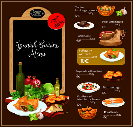 Spanish restaurant vector menu. Spain traditional cuisine design of soups, meat hot dishes, vegetable salads and appetizer snacks and sweet desserts. Mediterranean food meal lunchのイラスト素材