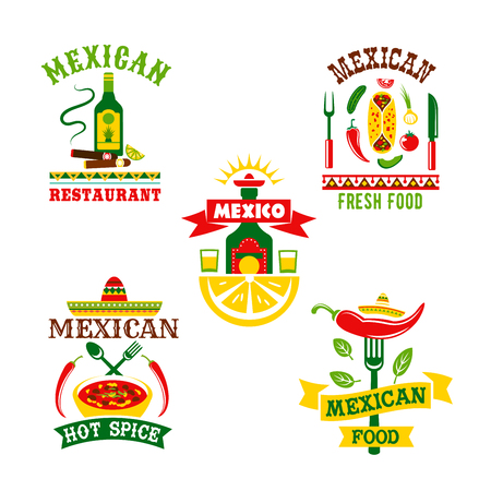 Mexican restaurant or food cafe vector icons. Symbols of spicy chili pepper jalapeno, tequila drink and lime, nachos chips with salsa sauce or soup and traditional sombrero hat for Mexico cuisineのイラスト素材