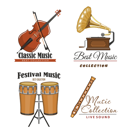 Live music festival vector icons set for musical sound fest or concert labels. Isolated symbols of classic musical instruments fiddle violin or contrabass, flute or pipe, drums and gramophoneのイラスト素材