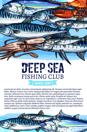 Fishing club vector poster. Seafood and fisherman big fish catch, Fisher trip tackles and salmon, herring or trout and squid, octopus, bream, tuna, pike and sheatfish, flounder, marlin and lobsterのイラスト素材