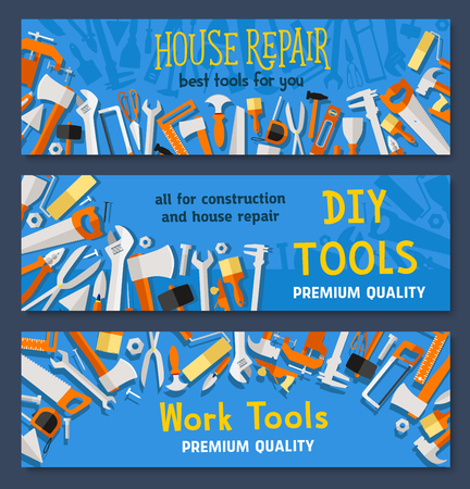 Work tools vector banners of carpentry instruments drill or hammer and tape measure ruler, spanner and saw, plaster trowel and paint brush or screwdriver for do-it-yourself toolboxのイラスト素材