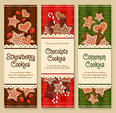Cookies banners for bakery shop or patisserie cafe. Vector gingerbread biscuit stars and candy canes with bitter and milk chocolates. Design for pastry desserts and homemade ginger bread cakesのイラスト素材