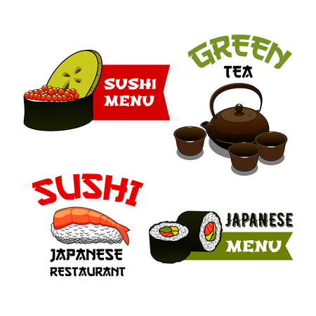 Sushi and rolls vector icons for Japanese seafood cuisine restaurant menu. Isolated symbols sushi and fish rolls with salmon, tempura prawn on steamed rice and green tea with cups and teapotのイラスト素材