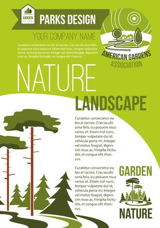 Green parks and nature landscape design company vector poster with design of eco village or woodland and parkland trees in forest. Urban horticulture and planting association templateのイラスト素材