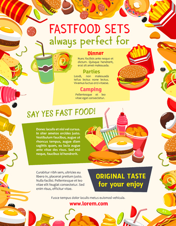 Fast food vector poster with meals and snacks. Hamburgers and cheeseburgers with french fries, ice cream and cupcakes desserts, hot dog and chicken nuggets basket. Lunch menu of fastfood restaurantのイラスト素材
