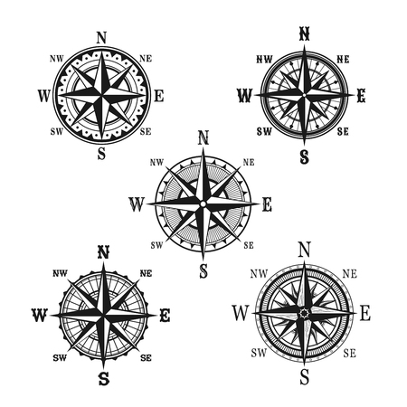 Navigation marine compass or Wind Rose vector icons. Isolated symbols set of nautical retro navigator compass with winds names of East, West, North and South arrows for ship travel designのイラスト素材