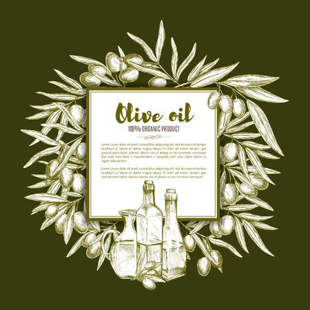 Olive oil and fruit sketch poster with copy spaceのイラスト素材