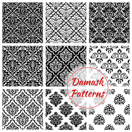 Black and white damask floral seamless patternのイラスト素材