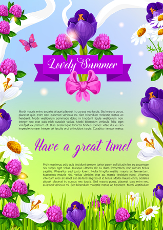 Summer time vector poster with blooming clovers, irises or viola flowers and daisy field. Vector ribbon with flourish bow of summertime blooming crocuses bouquets and lily blossoms in green grassのイラスト素材