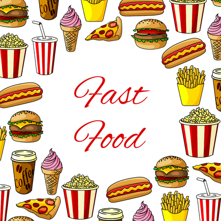 Fast food meals poster of fastfood burgers, snacks and drinks. Vector pizza slice and hamburger or hot dog, coffee and donut dessert with ice cream and french fries. Restaurant menu design templateのイラスト素材