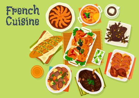French cuisine festive dinner menu icon of baguette baked with garlic oil, chicken with tomato, meat vegetable stew, baked lamb, cake chocolate log, duck confit, apple pie, creme brulee dessertのイラスト素材