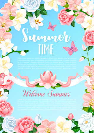 Summer time flowers greeting vector posterのイラスト素材