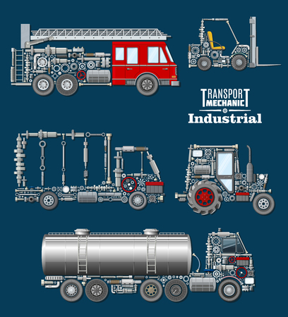 Industrial transport mechanics poster. Autotruck, fire truck, loader, tractor and tank track silhouette created from mechanical details, spare parts, engine components and wheel. Transportation designのイラスト素材