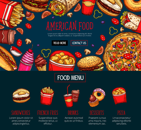 Fast food menu with takeaway dishes and drink. Hamburger, hot dog, french fries, pizza, coffee, donut, sweet soda, ice cream cone, burrito sandwich sketches for fast food restaurant web banner designのイラスト素材