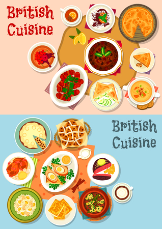 British cuisine popular dishes icon set. Sausage baked in bacon, vegetable meat stew, beef steak, egg, beer cheese soup, fish rice salad, fruit cake, meat pie, rice pudding, cucumber sandwichのイラスト素材