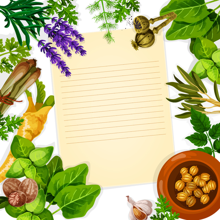 Recipe paper card with herb, spice and leaf vegetable. Basil, mint, rosemary, garlic, parsley, dill, celery, nutmeg, cardamom, lemongrass, sorrel, poppy seed, lavender flower poster with copy spaceのイラスト素材