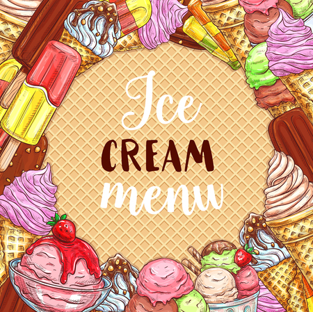Ice cream menu sketch poster on waffle texture background. Ice cream cone with vanilla and strawberry flavor, ice cream sundae dessert scoop with berry, chocolate covered bar, fruit popsicle on stickのイラスト素材