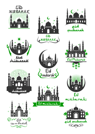 Eid Mubarak muslim greeting icon for Ramadan Kareem celebration. Arabic religion festive symbol of islamic mosque with crescent moon, star, sword and ribbon banner with wishes of Ramadan Mubarakのイラスト素材