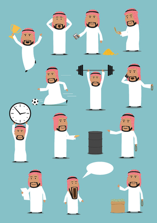 Arabian businessman in national clothes cartoon set. Arab man talking by mobile phone, selling oil, standing with money bag, oil tank, calculator, clock, champion cup, reading, playing footballのイラスト素材