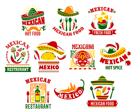 Mexican cuisine icon set with traditional spicy food. Mexican fast food restaurant chilli pepper and tomato sauce salsa with corn nachos, meat taco dishes with sombrero hat, maracas and cactusのイラスト素材