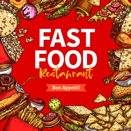 Fast food restaurant dishes poster. Hamburger and hot dog sandwiches, pizza, fries, sweet soda, ice cream, taco, nacho, burrito, popcorn sketches arranged into frame for fast food menu cover designのイラスト素材