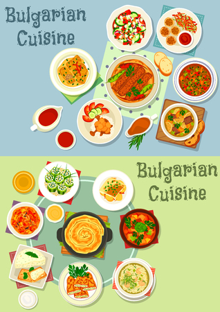 Bulgarian cuisine healthy food icon set. Grilled meat with pepper, vegetable pork stew, stuffed veggies with cheese, meatball rice and beef lentil soup, cabbage rolls, eggplant pate and pumpkin pieのイラスト素材