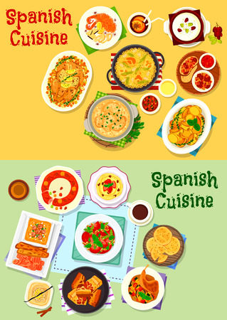 Spanish cuisine national dishes icon set of seafood tomato pasta, baked meat, ham tapas, rice paella, fried pork, vegetable salad and stew, bread and nut soup, chilli potato, fruit pie, egg dessertのイラスト素材