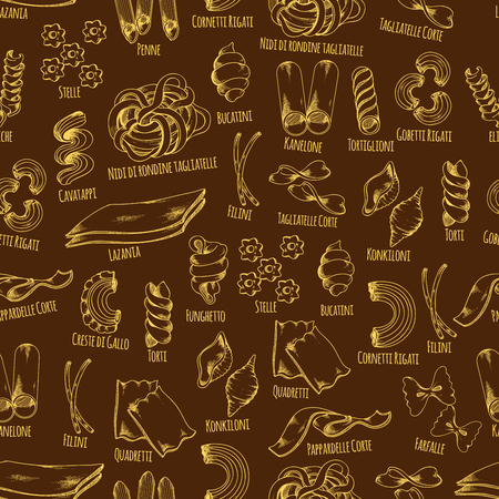 Pasta seamless pattern of italian macaroni. Pasta shapes sketch pattern of spaghetti, farfalle, penne, lasagna, kaneloni, filini and conchiglie. Italian cuisine menu background, food packaging designのイラスト素材