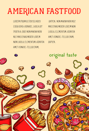 American fast food meal and drink sketch poster. Hamburger and hot dog sandwiches, pizza, donut, coffee and soda drink, french fries, ketchup sauce and cupcake. Fast food restaurant menu card designのイラスト素材