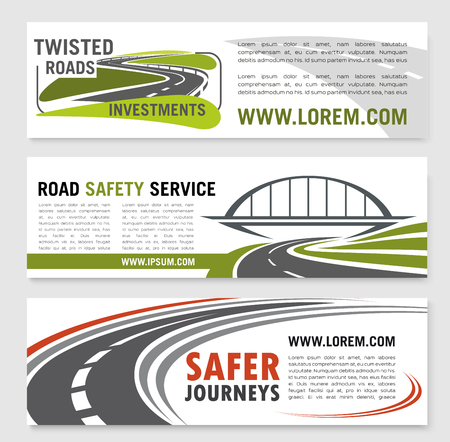 Road safety service banners for construction or development investment company. Design of highway routes and bridges or motorway tunnels elements and symbols of road journeyのイラスト素材