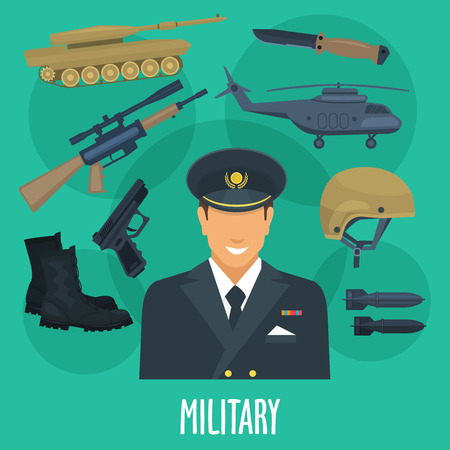 Military man occupation vector poster with weapon guns, ammunition clothes and transport machines or wartime helicopter aircraft. Special forces squad arms of army soldier in armored camouflageのイラスト素材