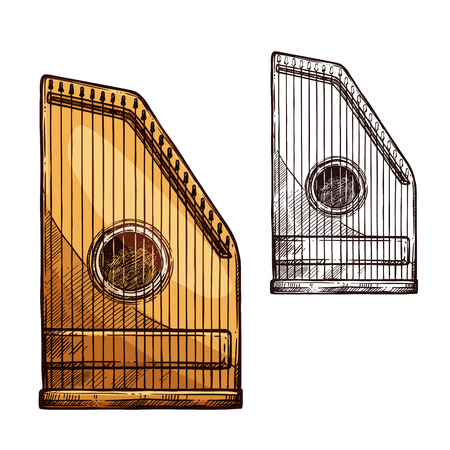 Gusli string music instrument. Vector sketch symbol of old Russian multi-string plucked musical kantele or zither type of wooden harpのイラスト素材