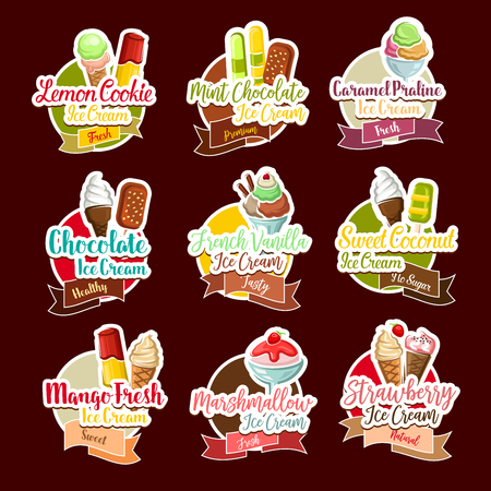 Ice cream stickers set for dessert shop. Vector fresh frozen ice cream sorts and tastes of lemon cookie, chocolate scoops in wafer cones, fruit or berry juice and vanilla with coconut sundae or sorbet for cafeのイラスト素材