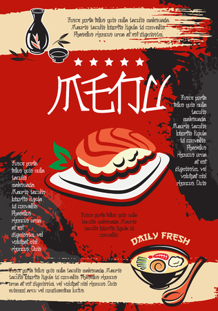Japanese restaurant or sushi and seafood bar menu design template or cover. Vector sushi set with salmon fish and tempura rolls with tuna, steamed rice or noodles in miso soup, chopsticks and seaweedのイラスト素材