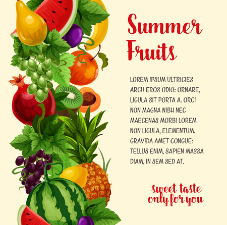 Fruits vector poster. Farm fresh apricot or apple and watermelon, sweet peach and tropical pineapple, juicy pomegranate and harvest of plum and grapes with melon and and exotic kiwiのイラスト素材