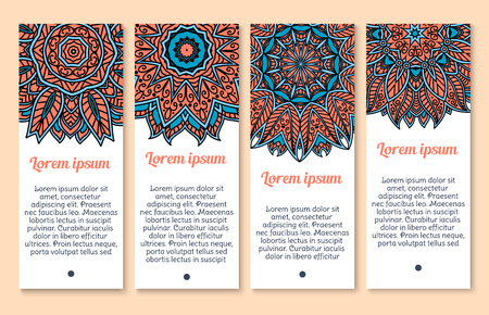 Floral ornament on vector banners set. Decor design of Mandala or Paisley pattern or Indian flower tracery of flourish Buddhistic ornaments set for business cards or holiday greetings templatesのイラスト素材