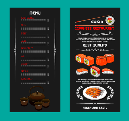 Japanese sushi bar or seafood restaurant menu template design. Vector sushi and rolls with salmon fish, sashimi or tempura shrimp and squid on steamed rice with nori seaweed and green tea pot and cupsのイラスト素材
