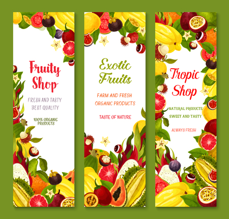 Vector banners with exotic fresh tropical fruitsのイラスト素材