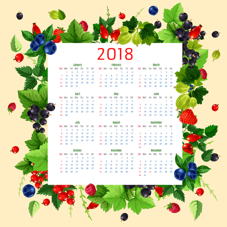 Berries calendar for 2018. Vector design template with berry frame of farm fresh raspberry and currant, cherry and strawberry or gooseberry, garden blueberry and blackberry or bilberry fruitのイラスト素材