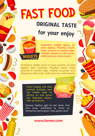 Fast food or street food poster. Vector design of fastfood burgers and sandwiches, pizza and drinks, popcorn and hot dog, chicken grill wings basket and french fries snacks or ice cream dessertのイラスト素材