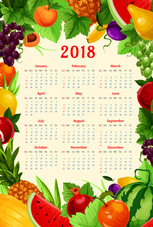 Fresh fruits calendar 2018 template. Vector frame design of summer fresh pomegranate, apricot or exotic pineapple and watermelon, pear and tropical banana. Farm harvest peach, grape and plums or melonのイラスト素材
