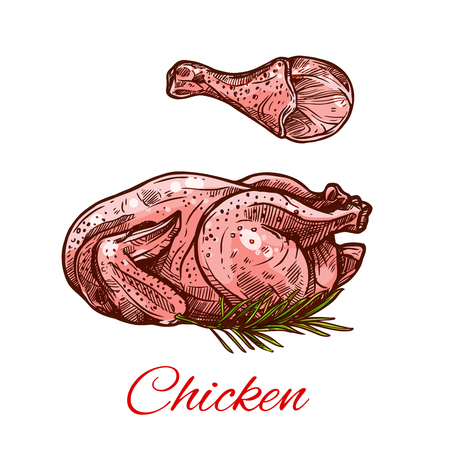 Chicken poultry meat and leg icon. Vector isolated symbol of fresh farm turkey or hen fowl flesh.のイラスト素材
