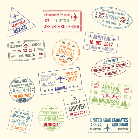 Passport travel stamps icons set with city names of Mexico, Stockholm and California or New York.のイラスト素材