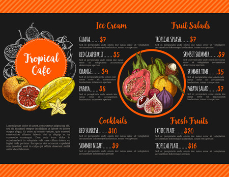 Tropical cafe menu vector template for exotic fruit fresh juice cocktails, salads or ice cream desserts.のイラスト素材
