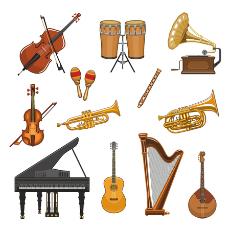 Musical instruments vector icons set. Violin fiddle or contrabass and percussion drums or cymbals, maracas, harp and trumpet or saxophone. Isolated symbols of piano and banjo guitar or flute pipeのイラスト素材