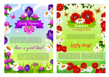 Summer is coming posters set for summertime holiday greeting of blooming flowers, poppy or clover petals.のイラスト素材